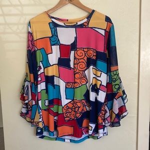 Multiples multicolored patterned blouse with 3/4 flutter sleeve size XL